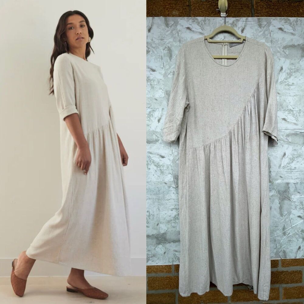 Solika Talia  XL Linen Blend Lagenlook Dress Asymmetric Art oatmeal color